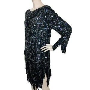 Vintage Le Mieux Paris Roma Geneva Black 100% Silk Beaded Sequined Dress